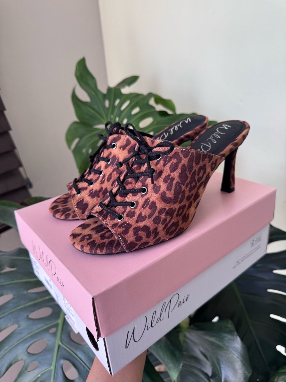 Wild Pair Leopard Print Lace-Up Mule Heels